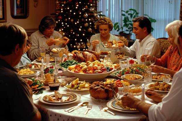 Group of People Sitting Around a Dinner Table, A gathering of fa