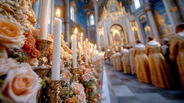 A large group of people standing in front of a church, AI