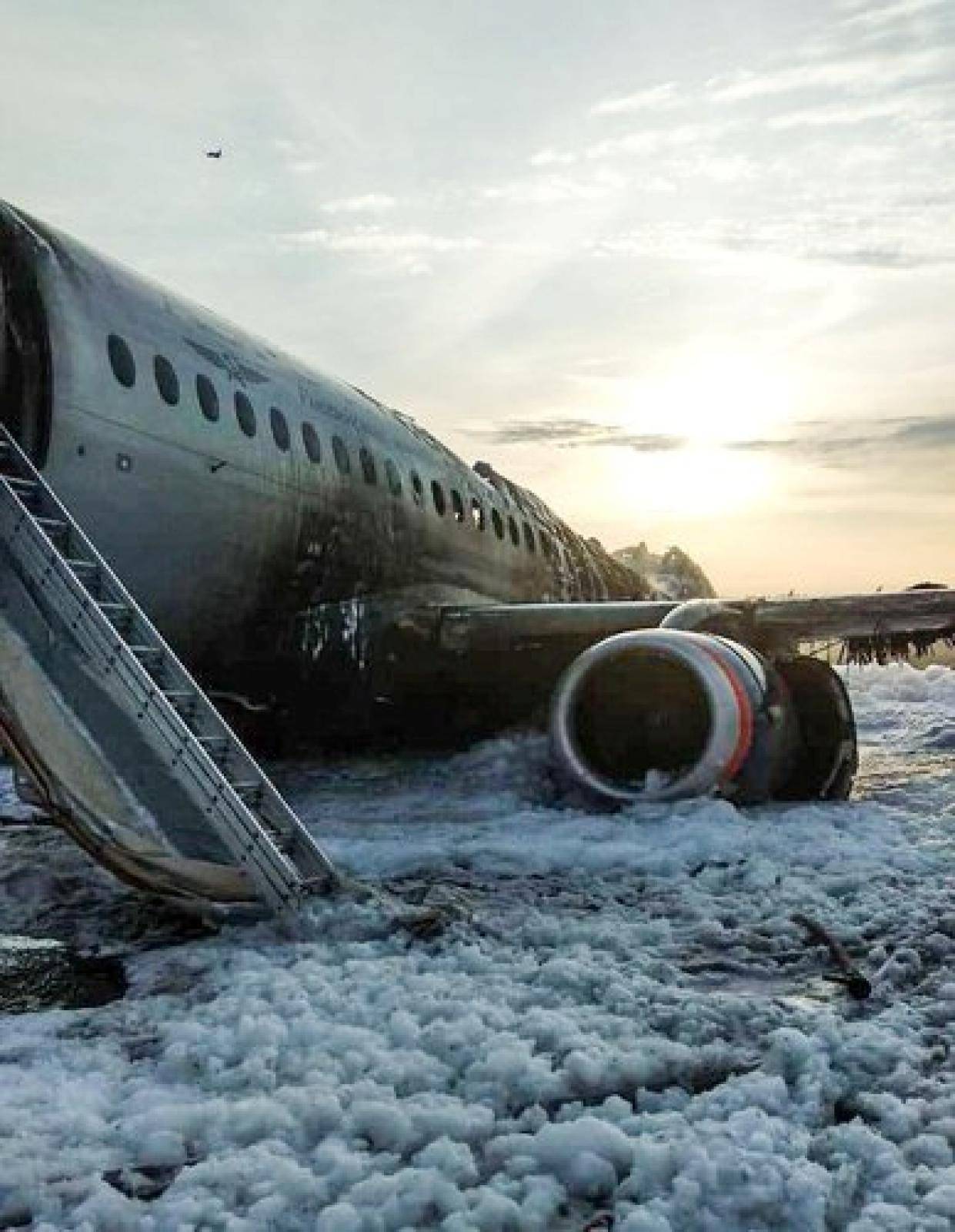 A view shows a damaged Aeroflot Sukhoi Superjet 100 passenger plane after an emergency landing at Moscow's Sheremetyevo airport