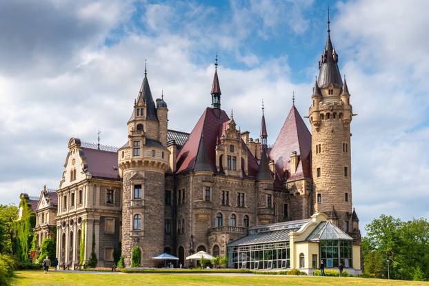 MOSZNA, POLAND - July 16, 2019: The Moszna Castle in southwestern Poland, one of the most magnificent castles in the world from 17th century.