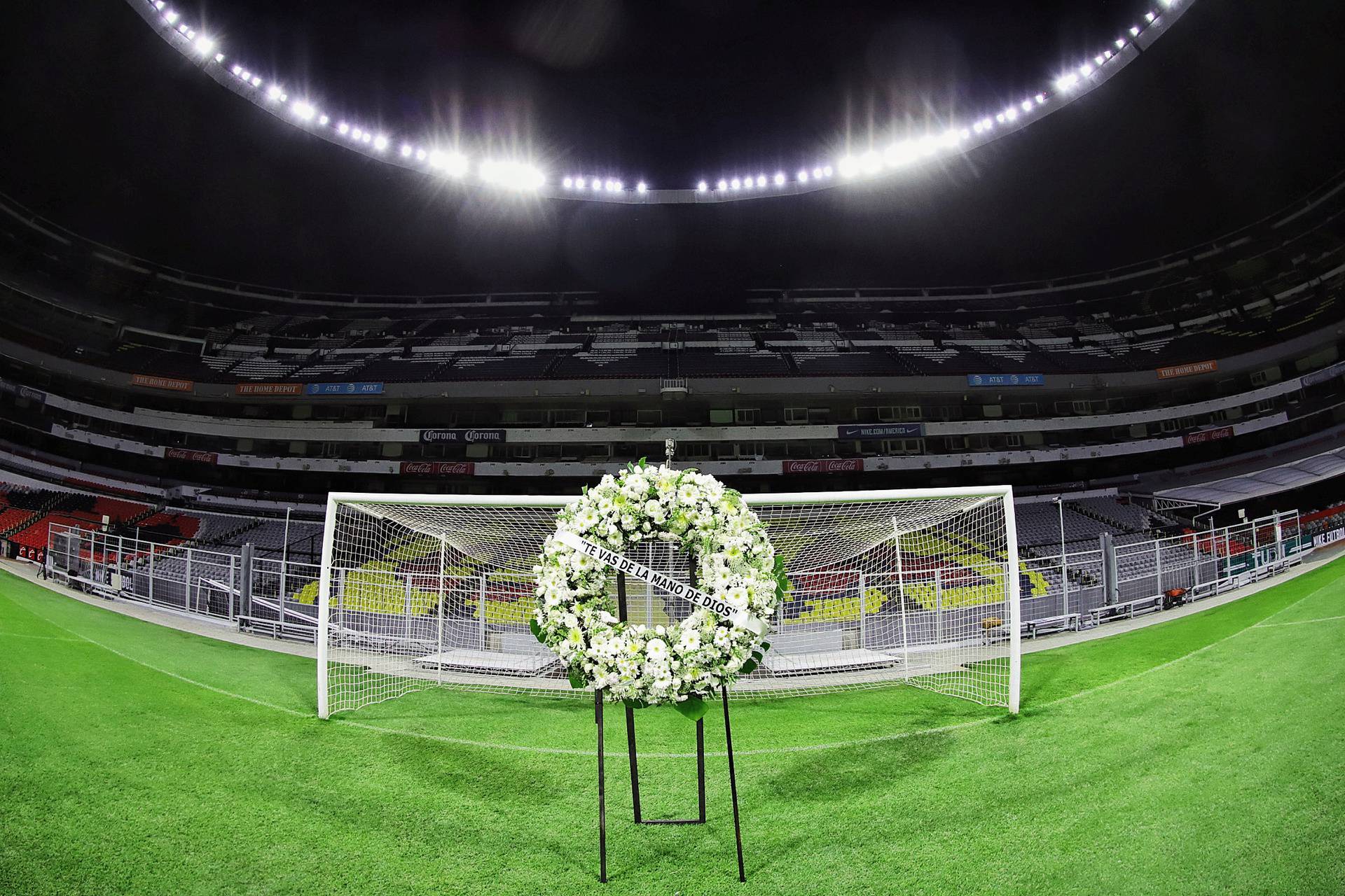 A wreath is placed near the goal where Maradona scored a goal in the 1986 World Cup, in Mexico City