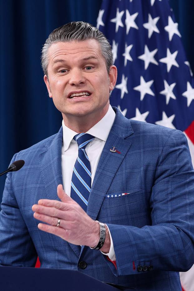 U.S. Secretary of Defense Pete Hegseth holds a press briefing, at the Pentagon in Washington