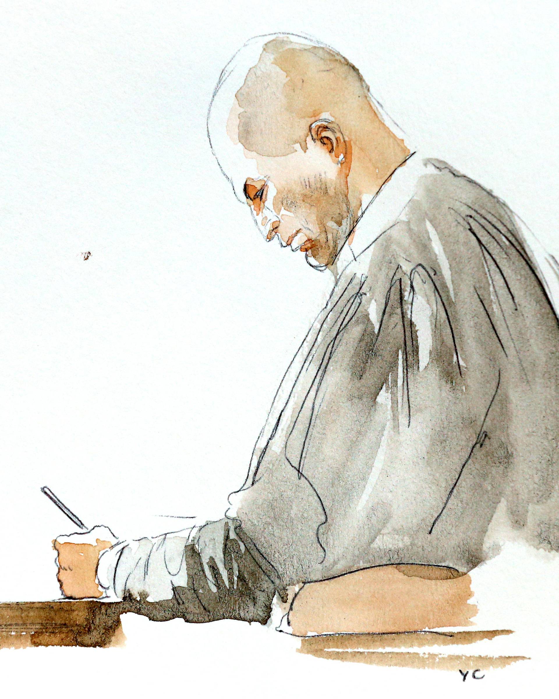 A court artist drawing shows Belgian lawyer Mary, who is defending Salah Abdeslam, one of the suspects in the 2015 Islamic State attacks in Paris, in court during his trial in Brussels