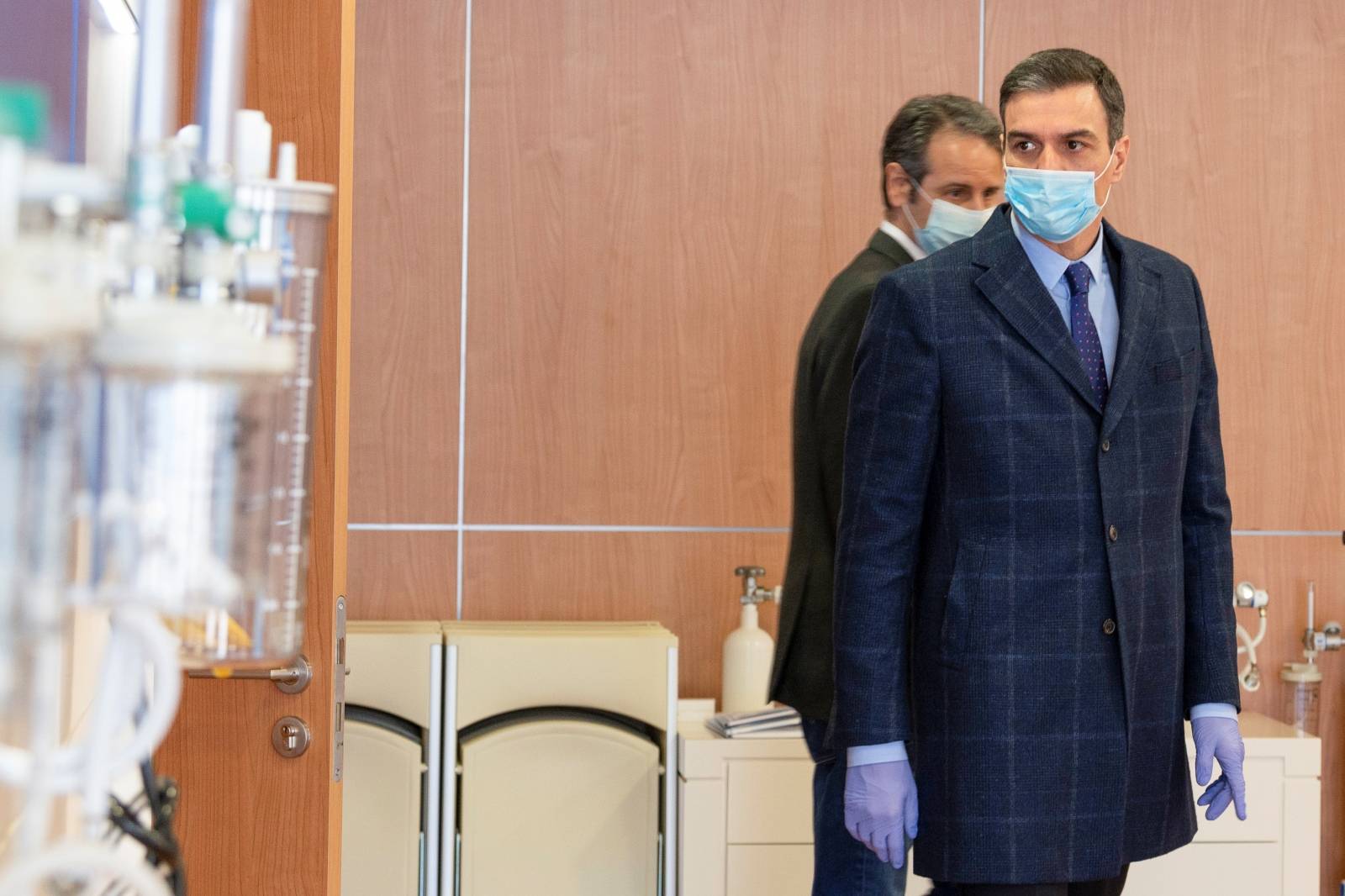 Spanish PM Sanchez wears a face mask and protective gloves amid the coronavirus disease (COVID-19) outbreak in Mostoles
