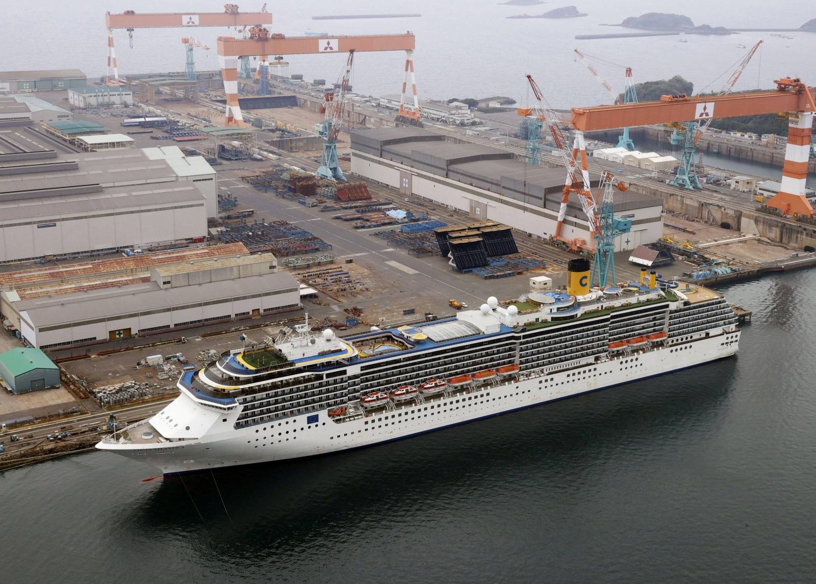 FILE PHOTO: Aerial view shows Italian cruise ship Costa Atlantica in Nagasaki