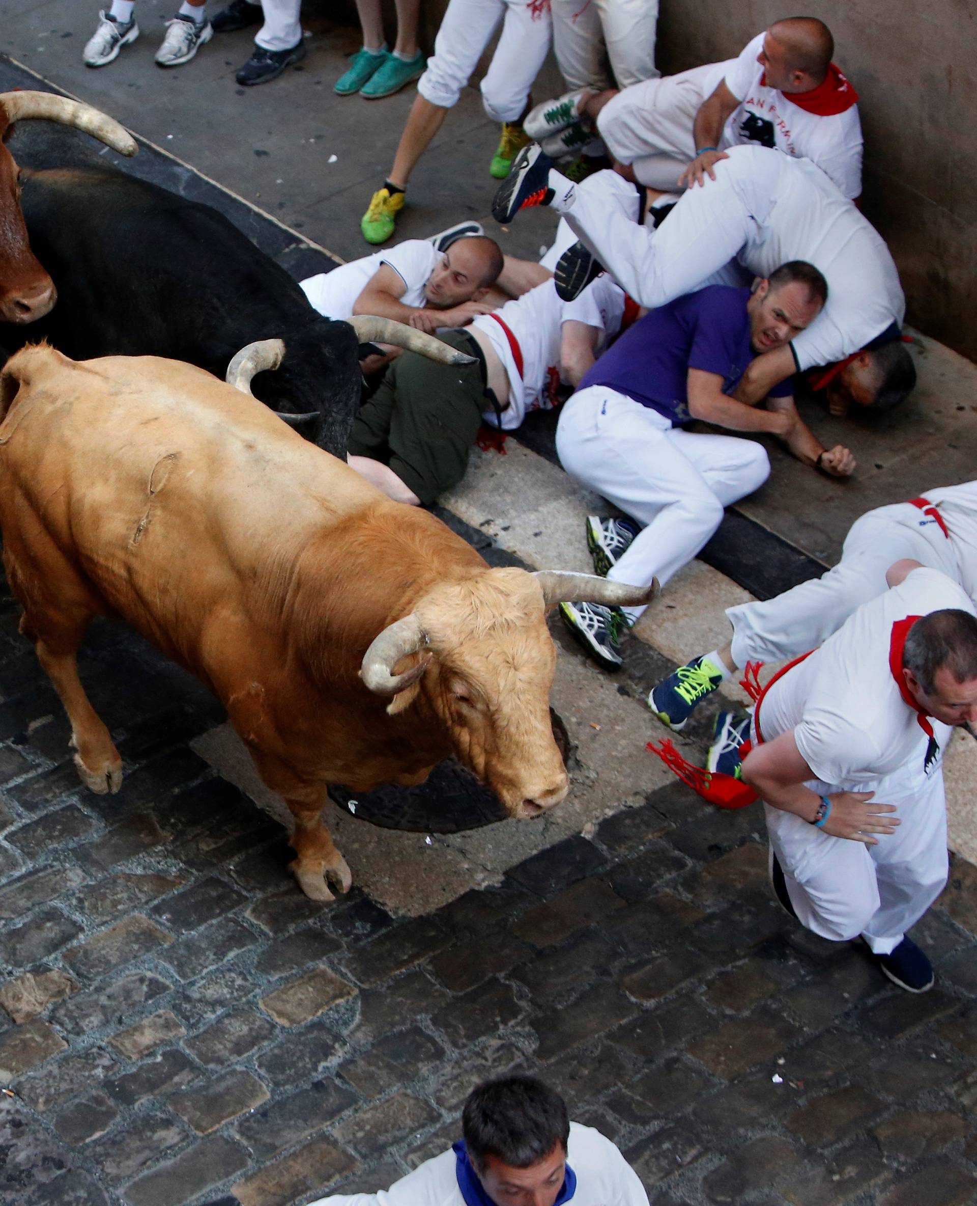 Runners fall alongside Cebada Gago bulls during the first running of the bulls at the San Fermin festival in Pamplona