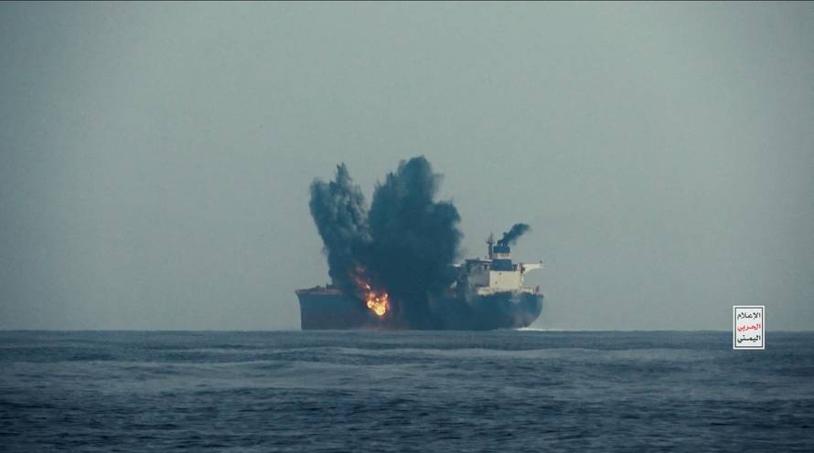 FILE PHOTO: The oil tanker Cordelia Moon bursts into flames after being hit by a missile in the Red Sea