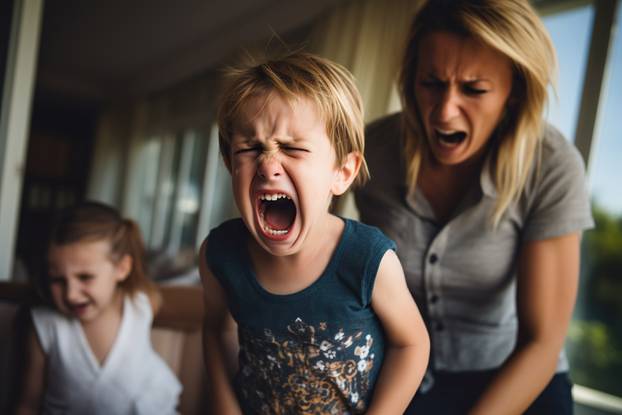 Angry screaming child with desperate parents.