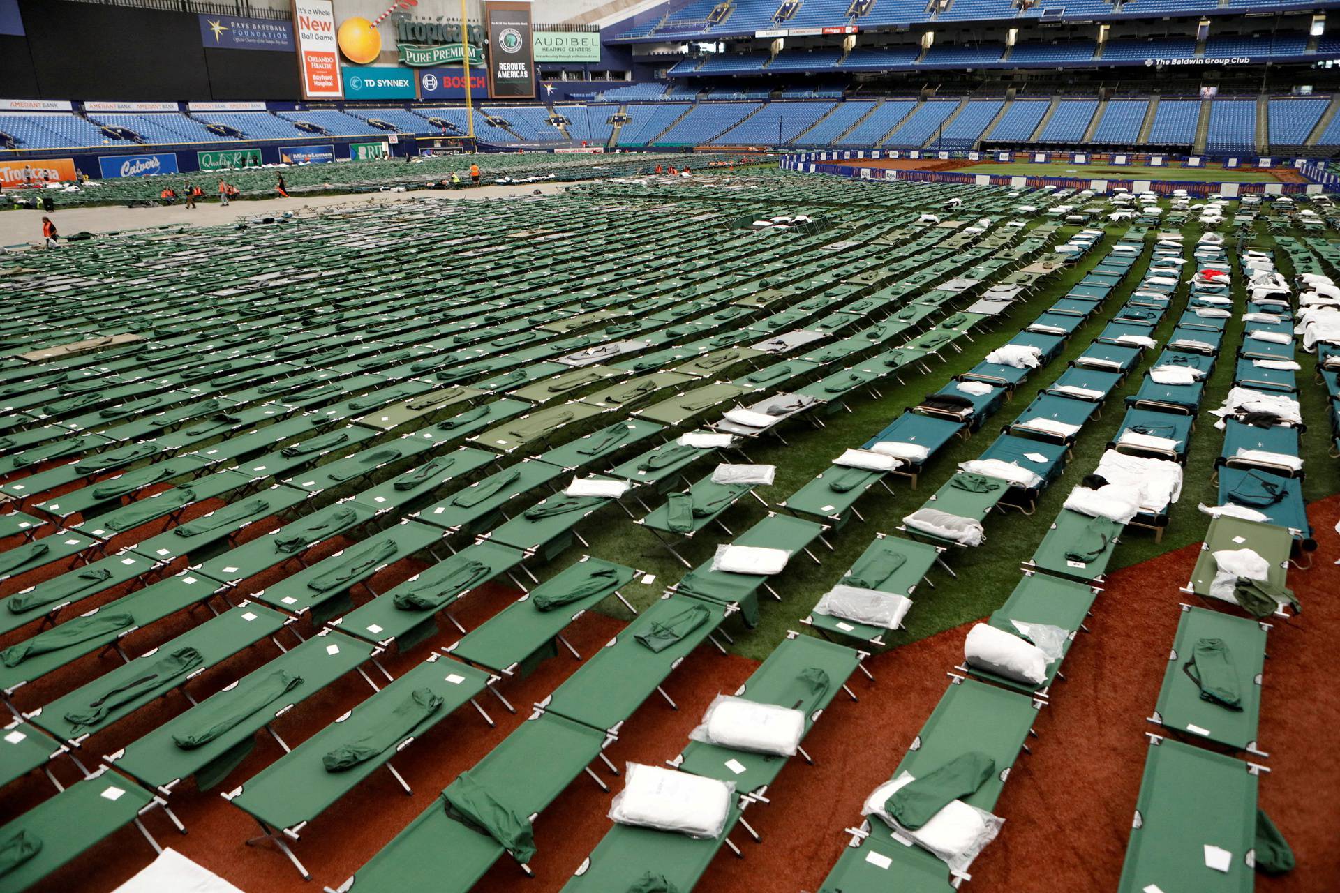 Tropicana Field opens a staging site for workers and operations before the arrival of Hurricane Milton, in St. Petersburg