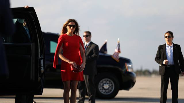 First Lady Melania Trump welcomes U.S. President Donald Trump as he arrives at West Palm Beach International airport in West Palm Beach, Florida, U.S