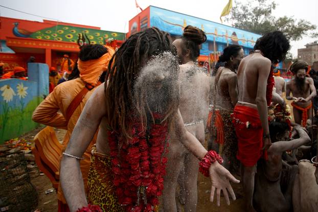 The arrival of the members of an akhara or sect of sadhus for the upcoming "Maha Kumbh Mela" in Prayagraj