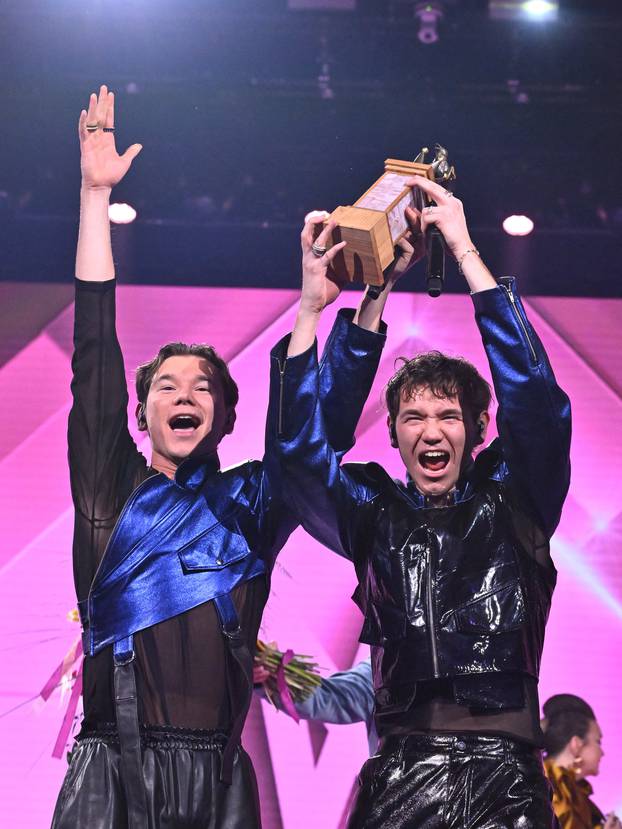 Marcus and Martinus celebrate winning the final of 'Melodifestivalen' at Friends Arena in Solna, Stockholm