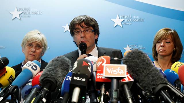 Sacked Catalan leader Carles Puigdemont attends a news conference at the Press Club Brussels Europe in Brussels