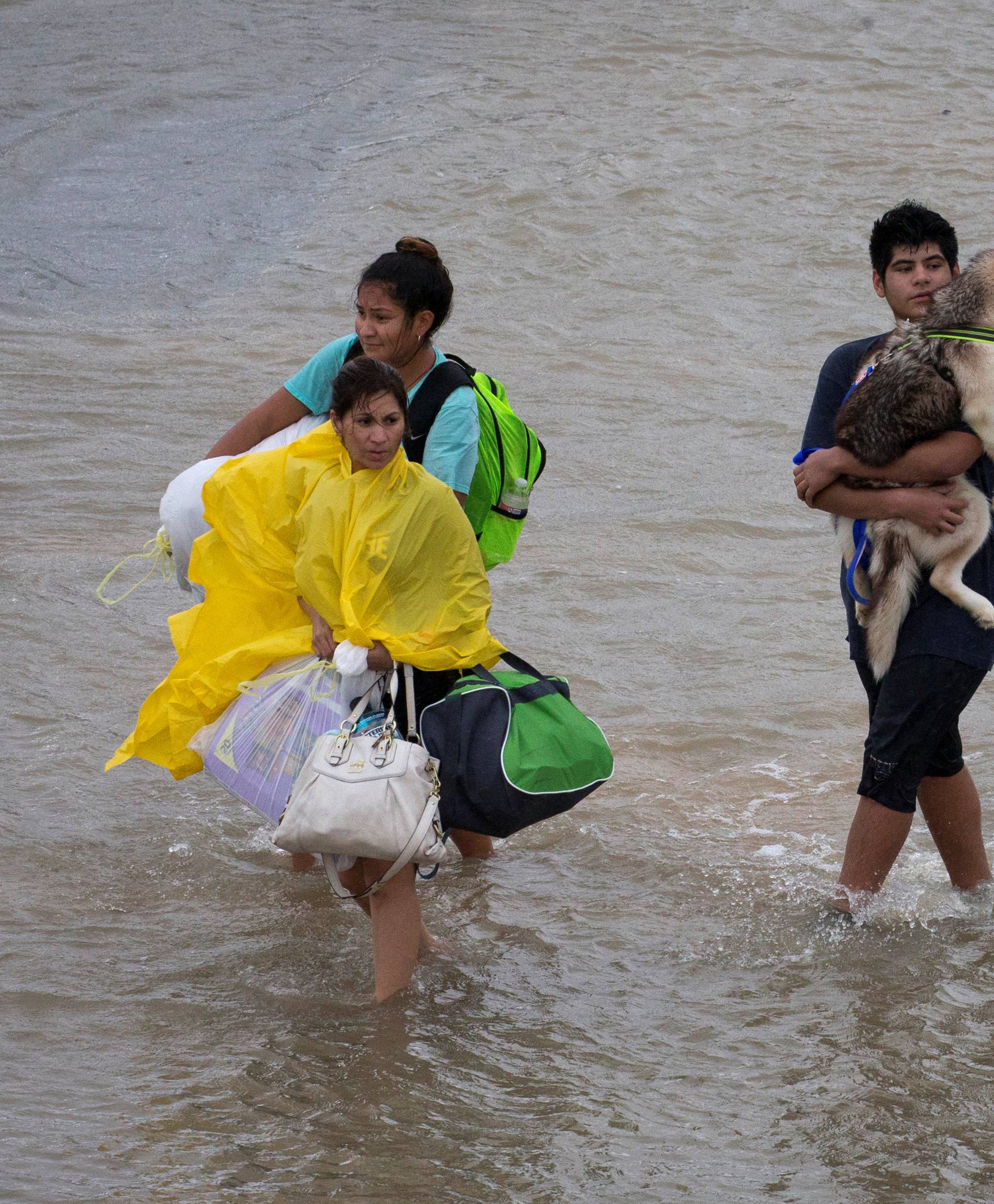 A family carries their belongings and a dog while evacuating flood waters from Tropical Storm Harvey along Tidwell Road in east Houston,