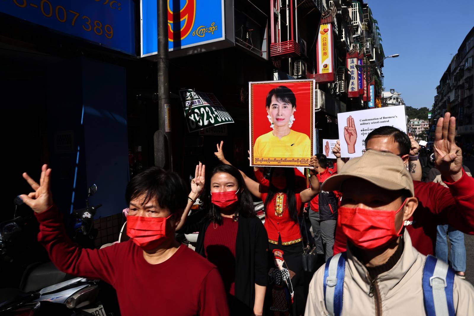 Members of the Burmese community in Taipei protest against the Myanmar military coup in Little Burma, home to many of Taiwan's Burmese immigrants, in Taipei