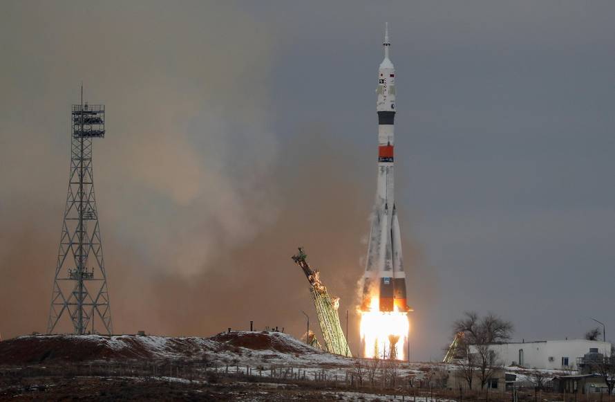 The Soyuz MS-20 spacecraft carrying the International Space Station (ISS) crew blasts off at the Baikonur Cosmodrome