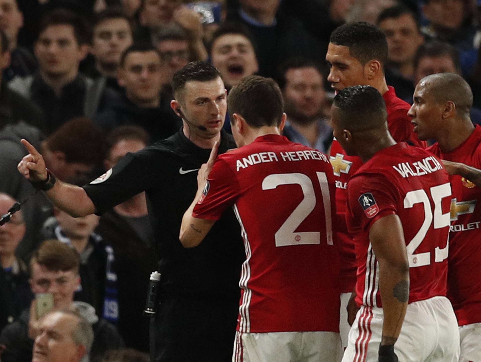 Manchester United's Ander Herrera after being shown a red card by referee Michael Oliver