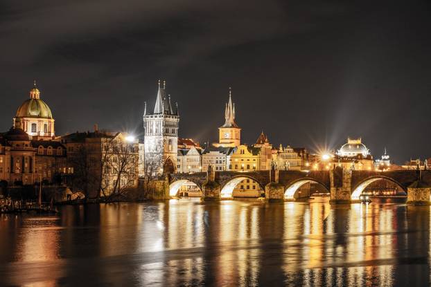 Charles Bridge at Night Over Vltava