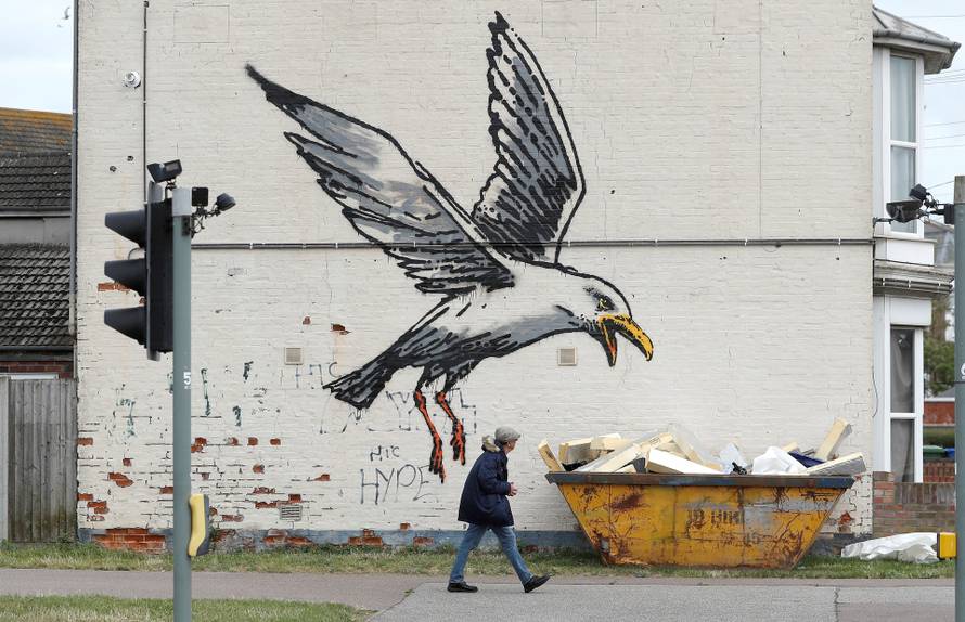 Artwork created by Banksy is seen in Lowestoft
