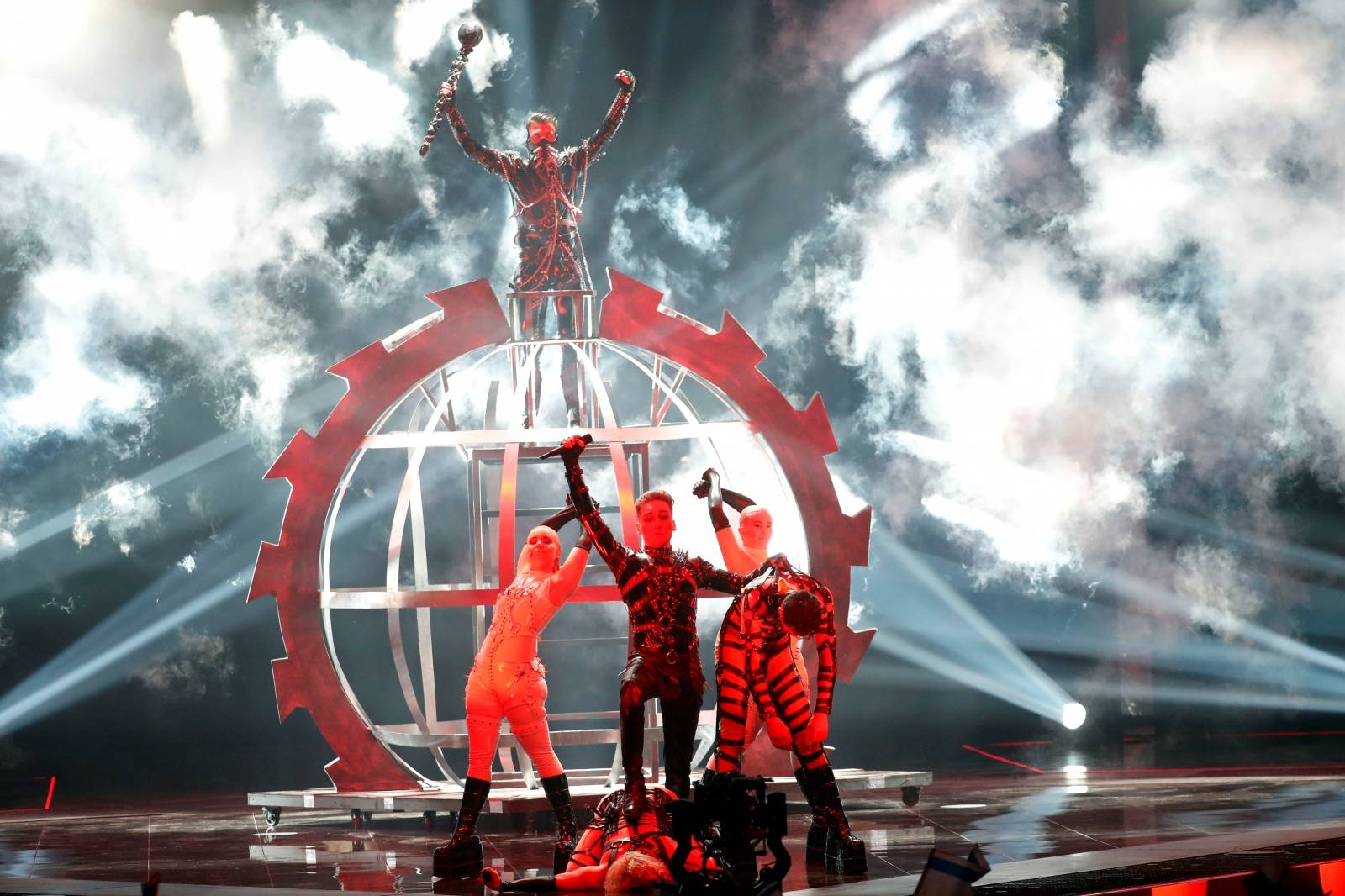Participant Hatari of Iceland performs during the Grand Final of the 2019 Eurovision Song Contest in Tel Aviv, Israel