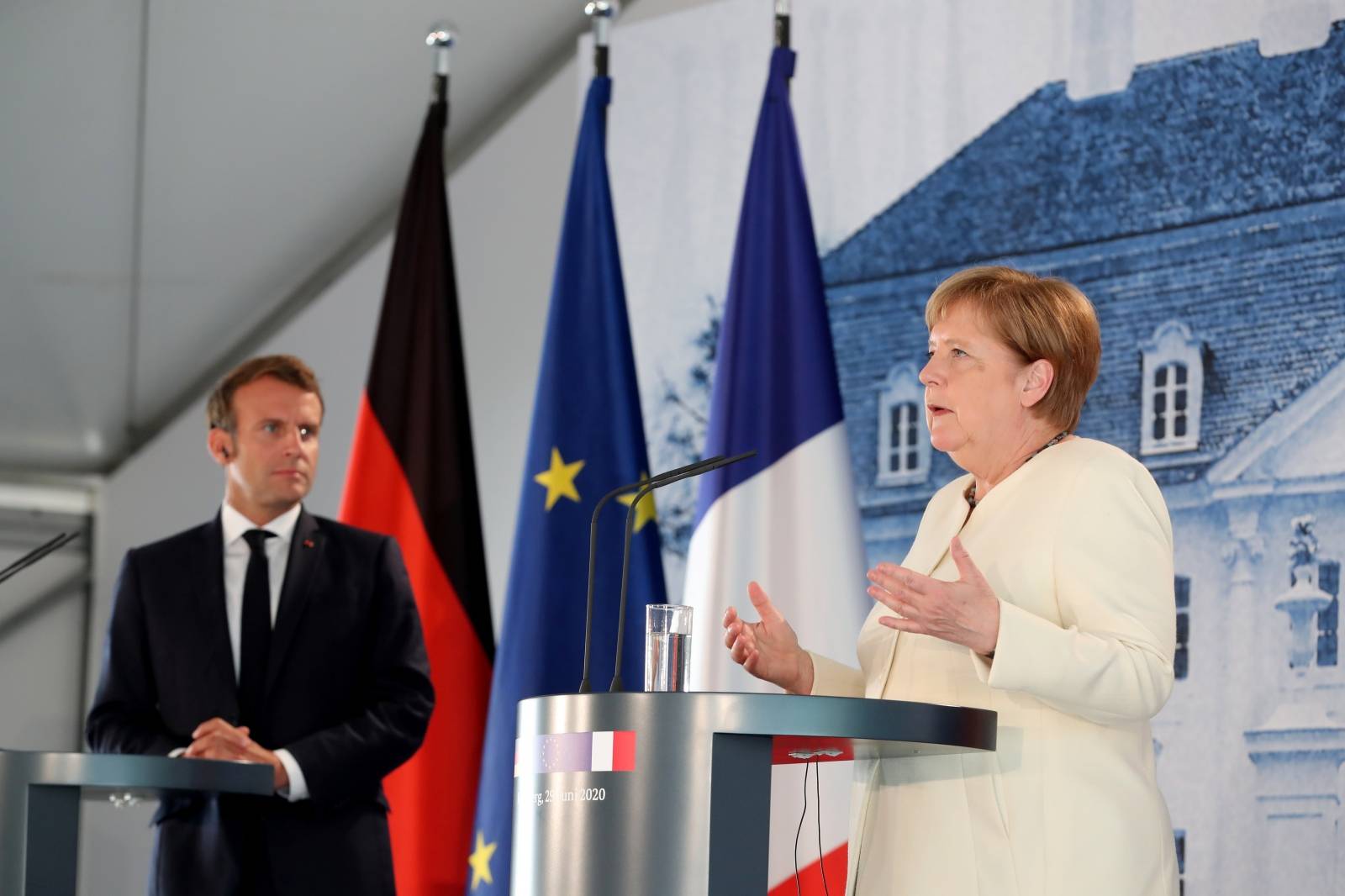 German Chancellor Angela Merkel and French President Emmanuel Macron meet at Meseberg castle