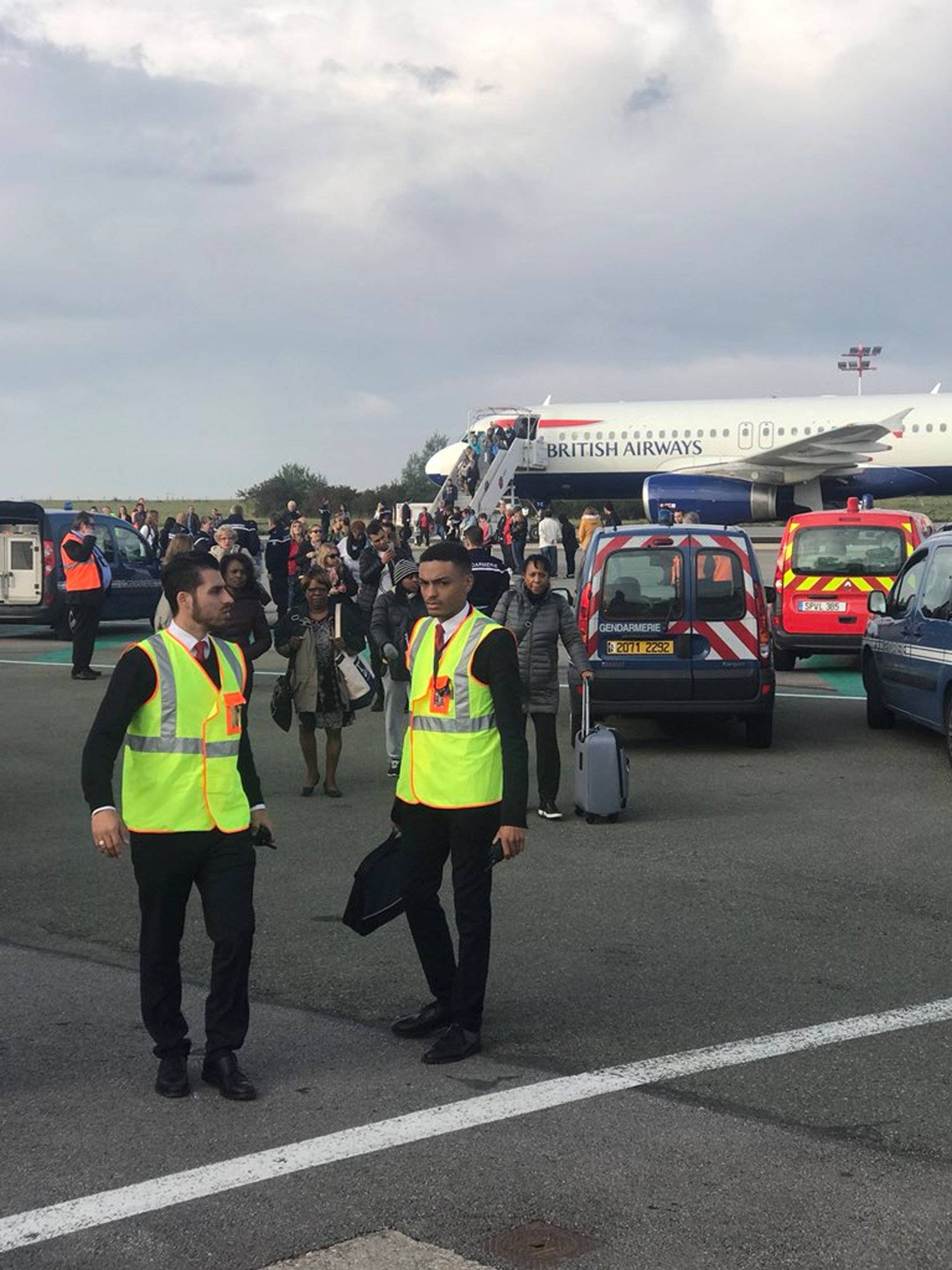 A view of an evacuation of a British Airways airplane at Charles de Gaulle airport in Paris