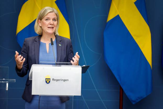 Swedish PM Andersson gives a news conference in Stockholm