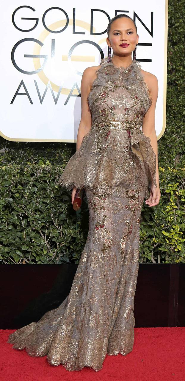 Model Chrissy Teigen arrives at the 74th Annual Golden Globe Awards in Beverly Hills