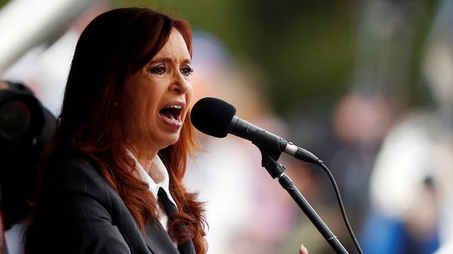 Former Argentine President Fernandez de Kirchner speaks during a rally outside the Federal Justice building where she attended court in Buenos Aires