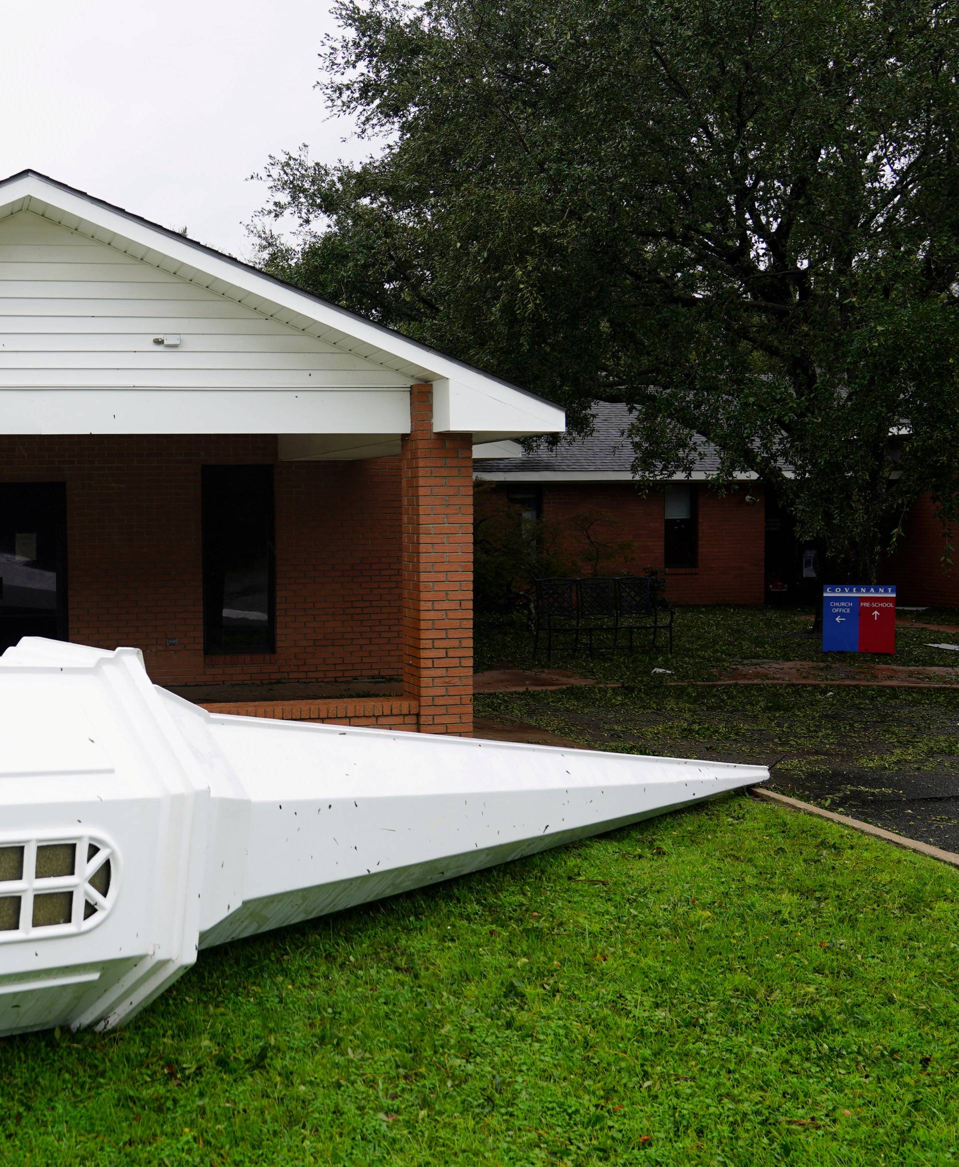 A church steeple is pictured on the ground after Hurricane Florence struck Wilmington