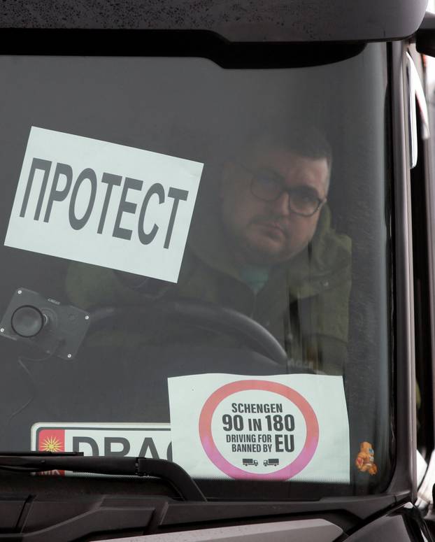 Protest by truck drivers and transport union representatives over disruptions linked to the European Union's new Entry-Exit System, in Gevgelija