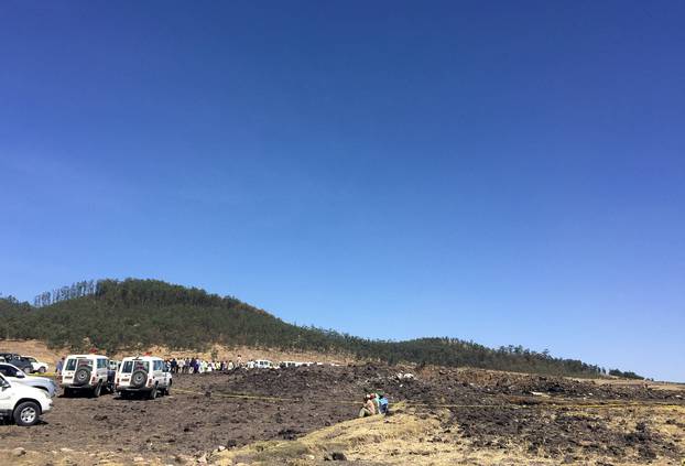 A general view shows the scene of the Flight ET 302 plane crash, near the town of Bishoftu, southeast of Addis Ababa