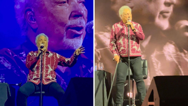 Tom Jones pridržavao se za štap tijekom koncerta u Kaliforniji...