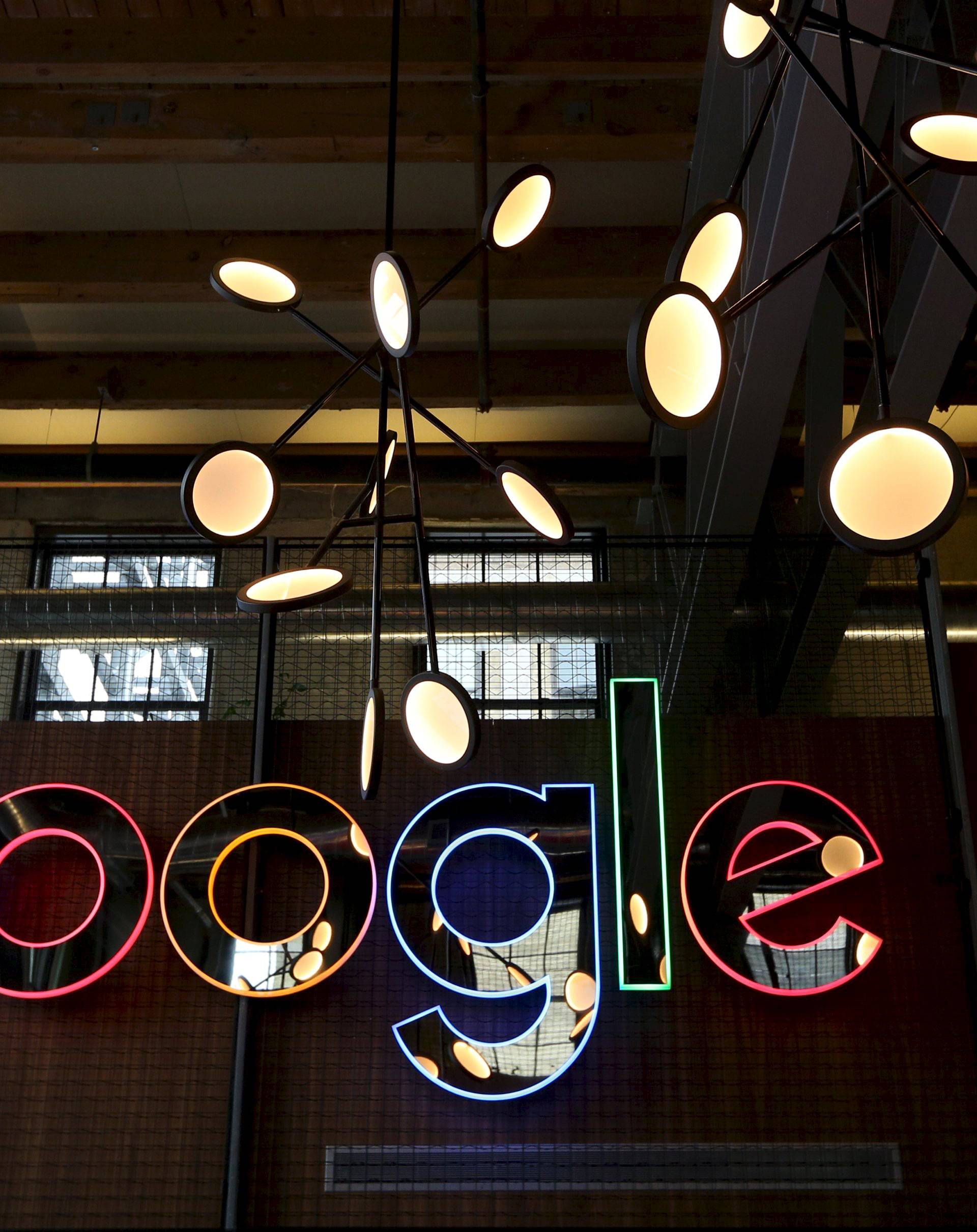 A neon Google sign is seen in the foyer of Google's new Canadian engineering headquarters in Kitchener-Waterloo