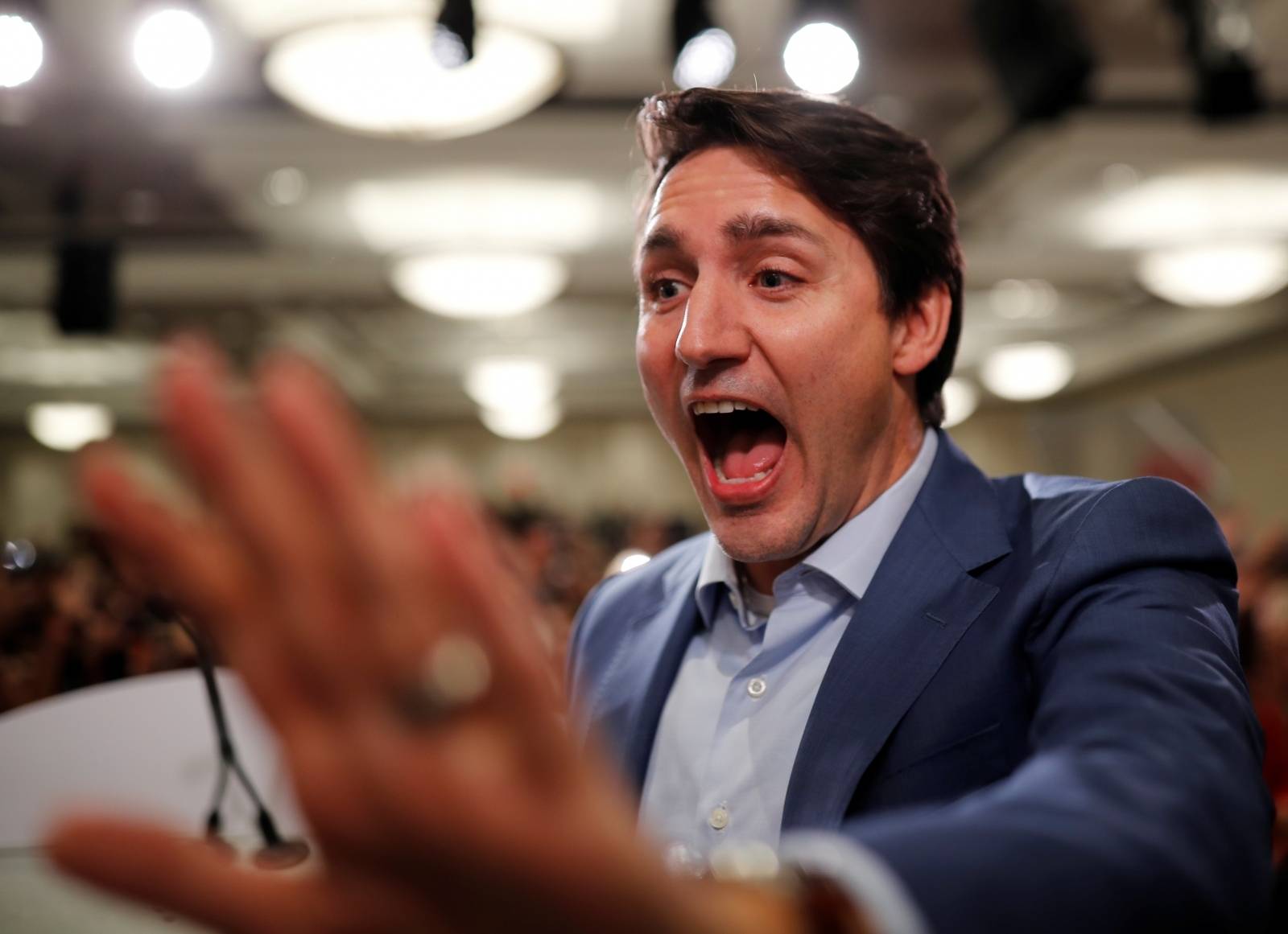 Liberal leader and Canadian Prime Minister Justin Trudeau attends a rally during an election campaign visit to Mississauga