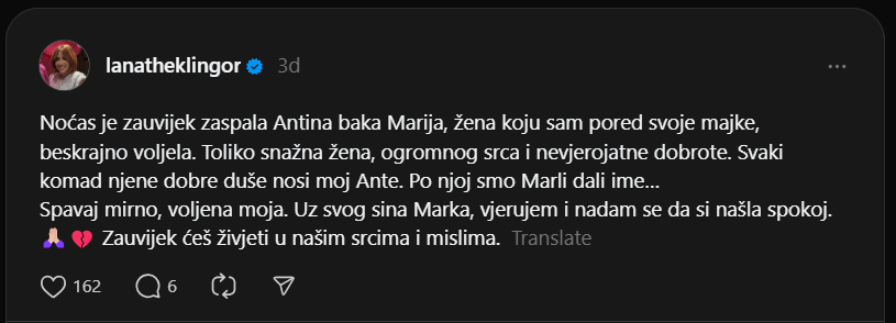 Lana Klingor Mihić ovih dana tuguje: 'Spavaj mirno, voljena'