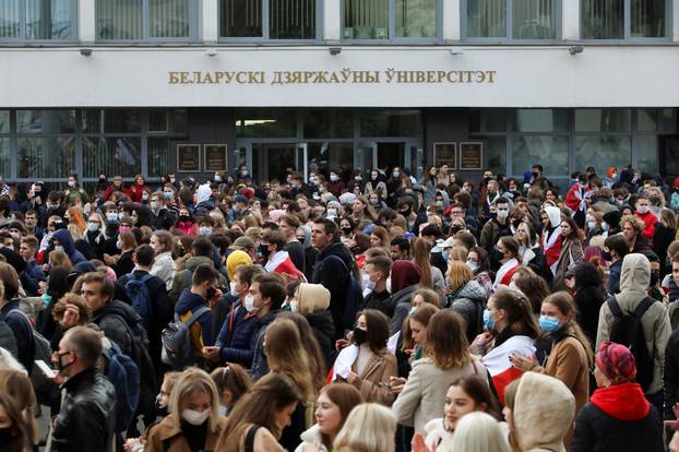 Students attend an opposition rally to reject the Belarusian presidential election results in Minsk