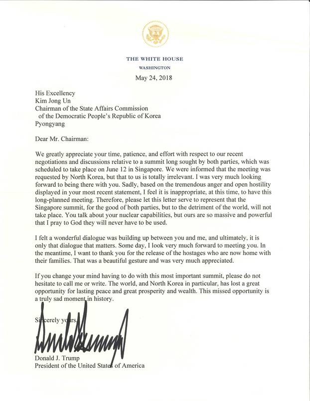 Letter from U.S. President Trump to North Korean leader Kim Jong Un canceling their planned summit is seen in image released by the White House in Washington