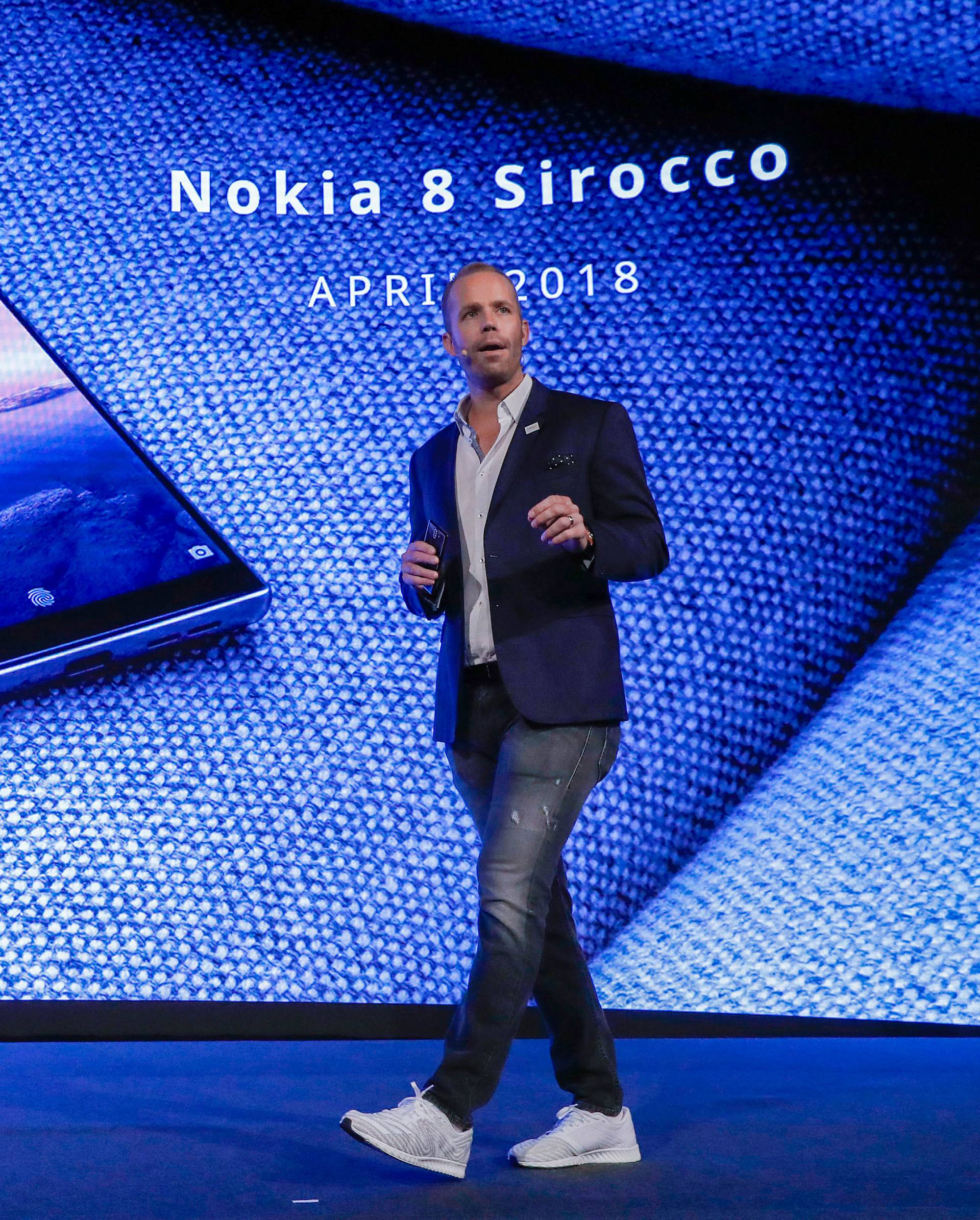 Juho Sarvikas, Chief Product Officer at HMD Global presents the new Nokia 8 Sirocco during the Mobile World Congress in Barcelona