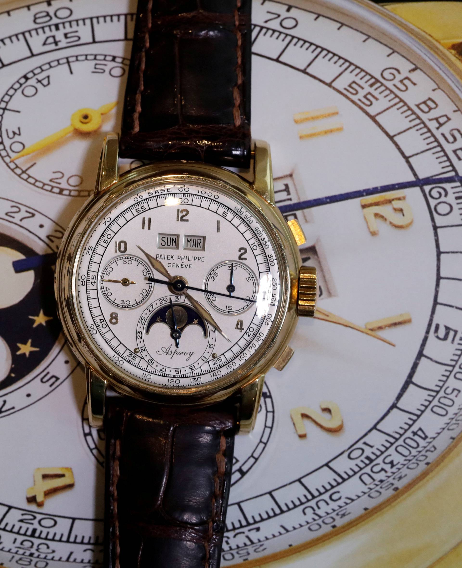FILE PHOTO: "The Asprey", a Patek Philippe perpetual calendar chronograph watch reference 2499, is pictured in Geneva