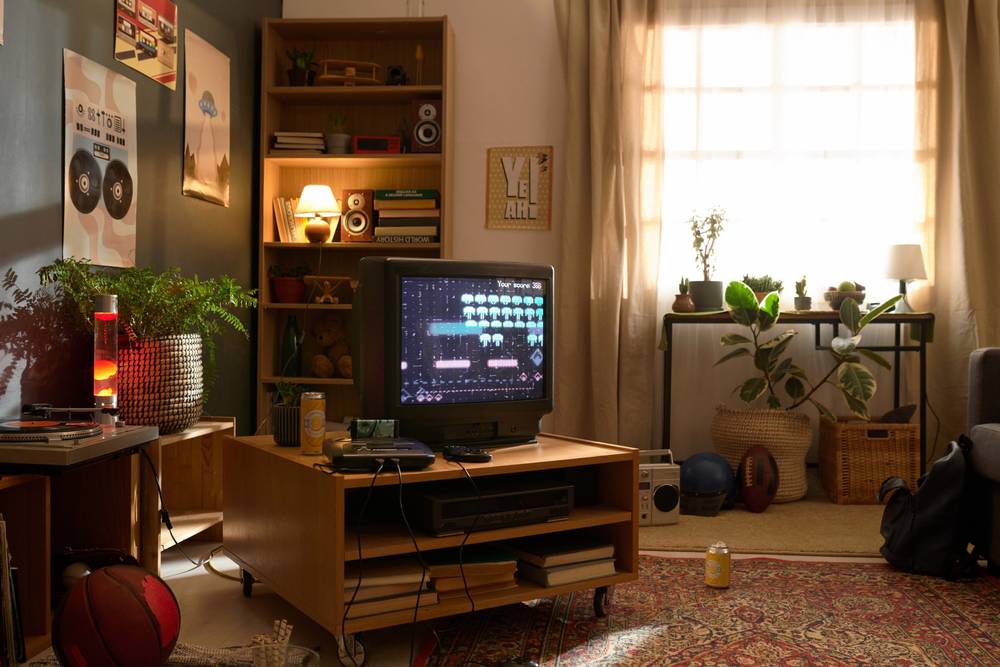 Retro,Gaming,Setup,With,Old-fashioned,Tv,,Gaming,Console,,And,Nostalgic