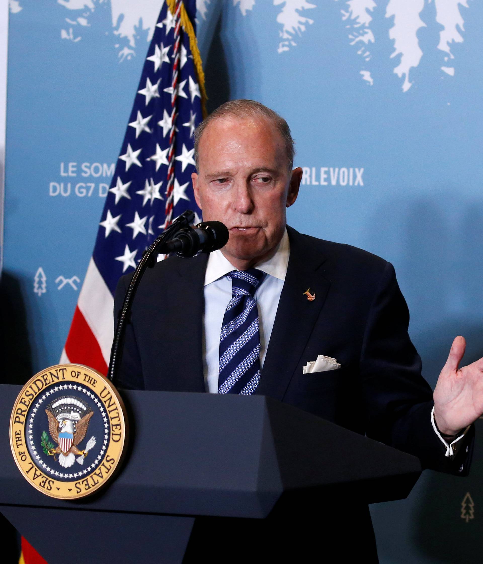 Larry Kudlow gives remarks during a a press briefing with U.S. President Donald Trump at the G-7 summit in the Charlevoix city of La Malbaie