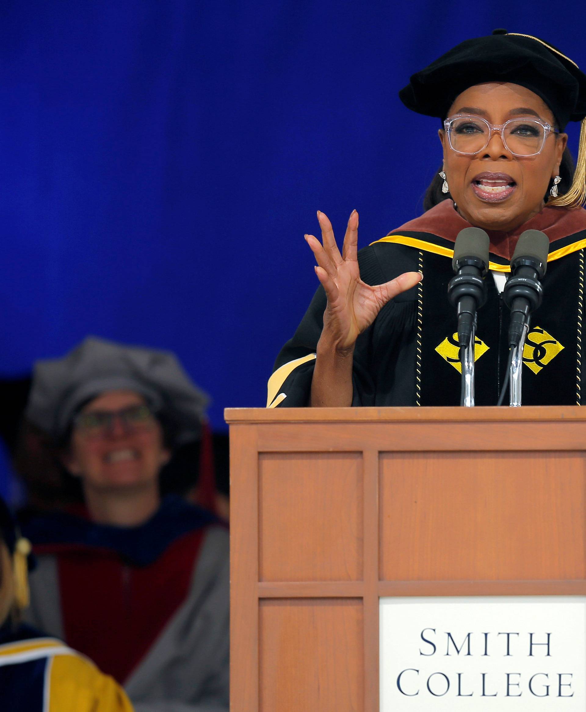 Entertainer and honorary degree recipient Oprah Winfrey delivers the Commencement address at Smith College in Northampton