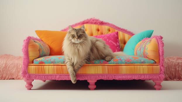 Adorable Persian Mix Cat Plays In Colorful Upholstered Bed