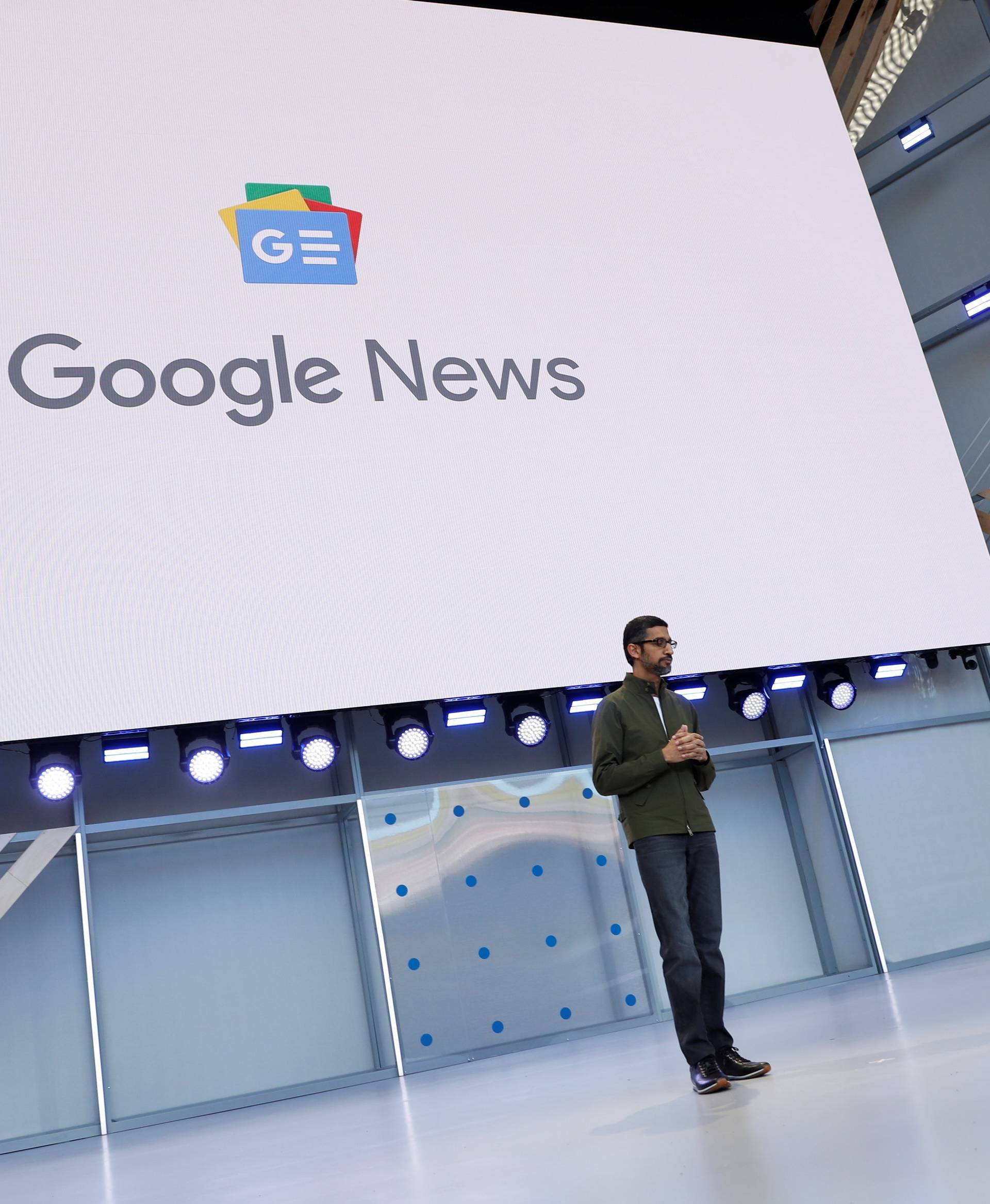 Google CEO Sundar Pichai speaks on stage during the annual Google I/O developers conference in Mountain View