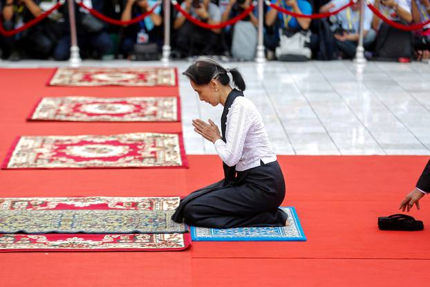 Myanmar State Counselor Aung San Suu Kyi attends an event marking the 71st anniversary of Martyrs