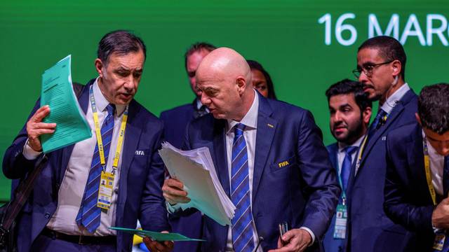 FIFA President Gianni Infantino attends a news conference following the 73rd FIFA Congress at the BK Arena in Kigali