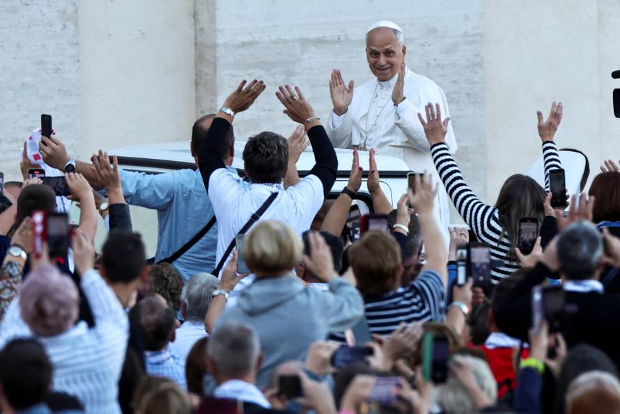 Pope Leo XIV greets the faithful ahead of a Holy Mass presided over by Metropolitan Archbishop of Zagreb Drazen Kutlesa, at the Vatican