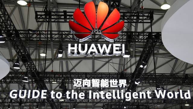 FILE PHOTO: Huawei's logo seen during the Mobile World Congress in Shanghai, China