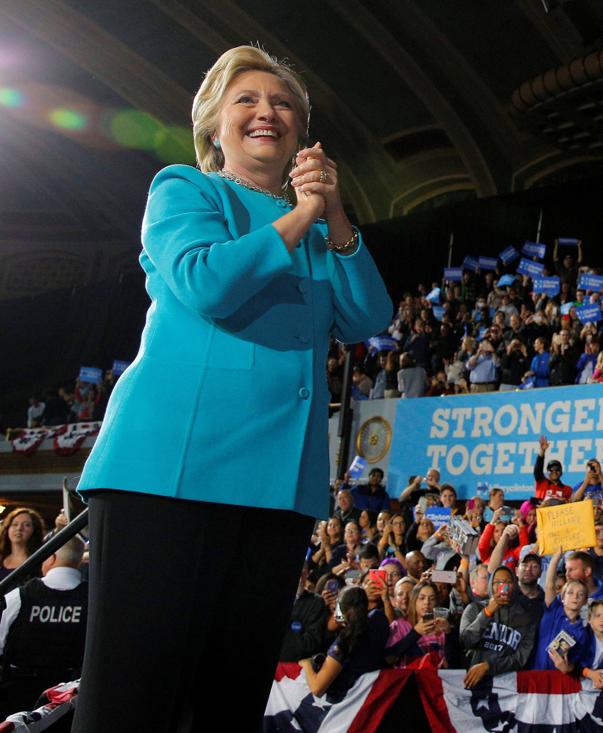 U.S. Democratic presidential nominee Hillary Clinton acknowledges the crowd at a campaign rally in Cleveland